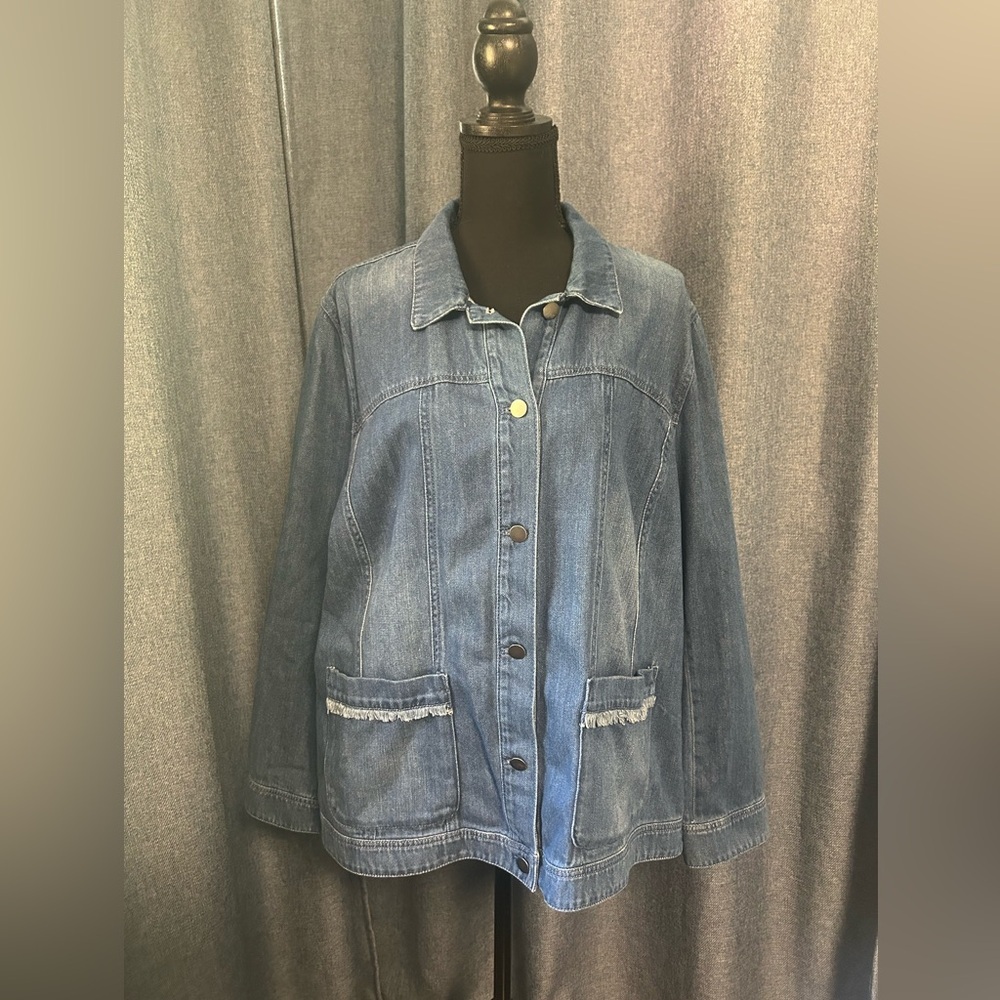J. Jill Denim Button Up Jacket with Raw Hem Fringe Detail, Size XL